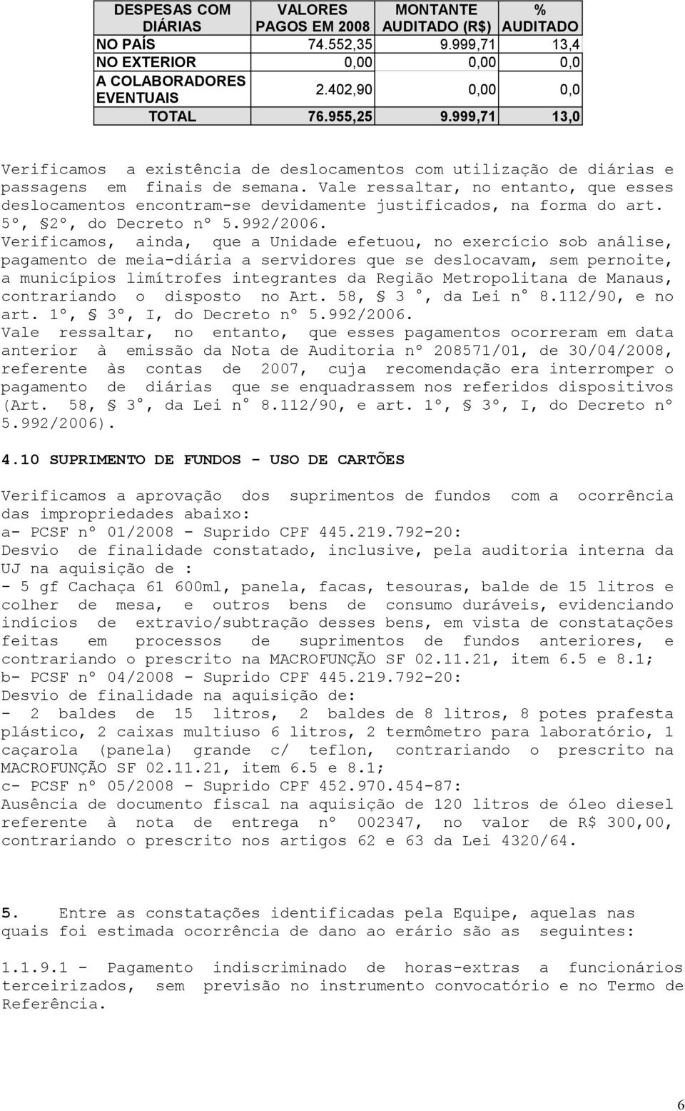 forma do art 5º, 2º, do Decreto nº 5992/2006 Verificamos, ainda, que a Unidade efetuou, no exercício sob análise, pagamento de meia-diária a servidores que se deslocavam, sem pernoite, a municípios