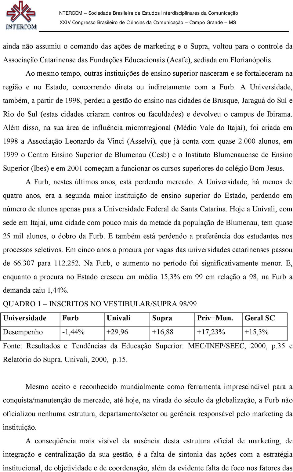 A Universidade, também, a partir de 1998, perdeu a gestão do ensino nas cidades de Brusque, Jaraguá do Sul e Rio do Sul (estas cidades criaram centros ou faculdades) e devolveu o campus de Ibirama.