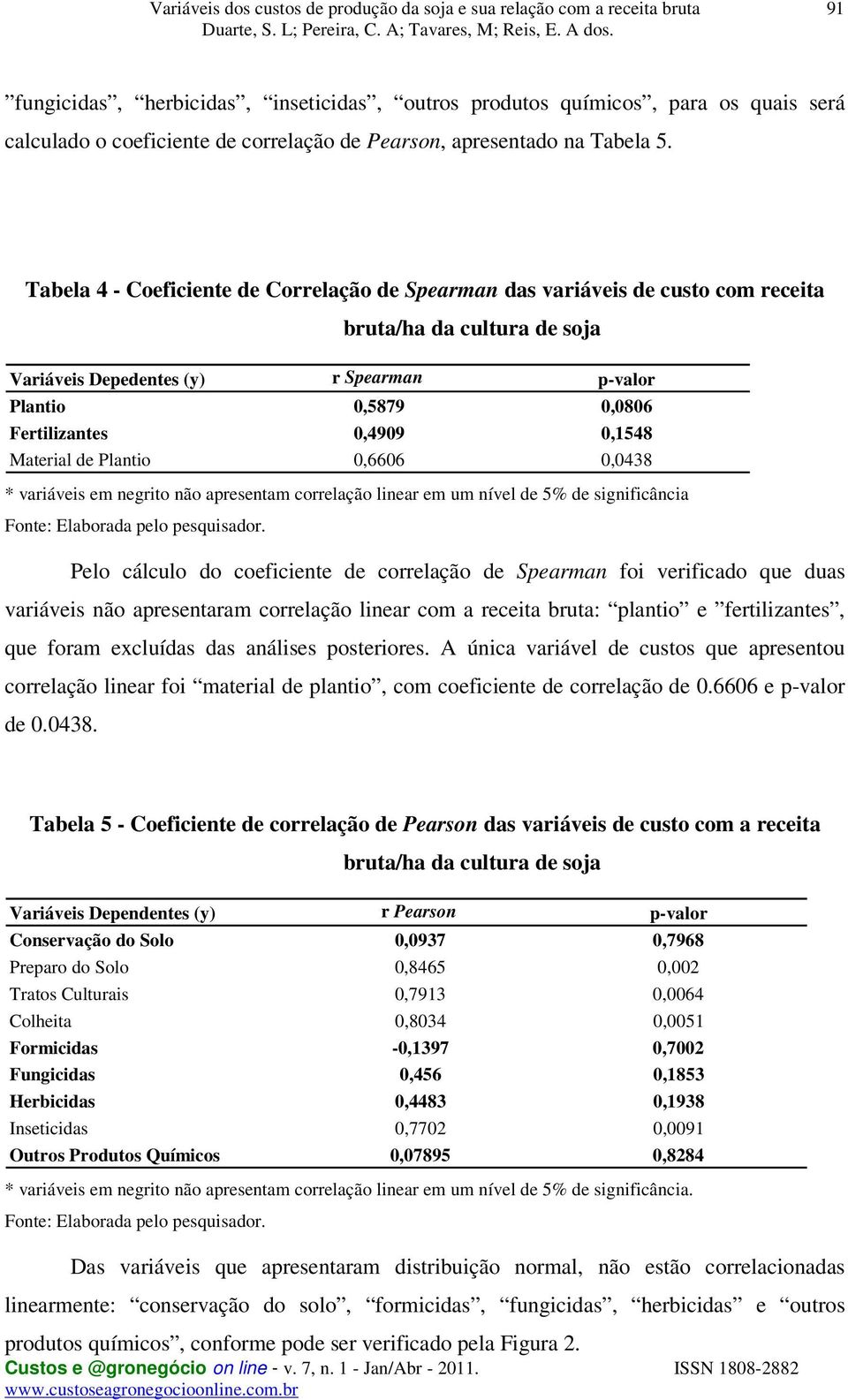 0,1548 Material de Plantio 0,6606 0,0438 * variáveis em negrito não apresentam correlação linear em um nível de 5% de significância Fonte: Elaborada pelo pesquisador.