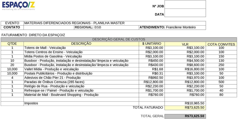 00 130 20 Busdoor - Produção, instalação e desinstalação/ limpeza e veiculação R$430.00 R$8,600.00 250 10,000 Vallet Mídia - Produção e veiculação R$1.68 R$16,800.