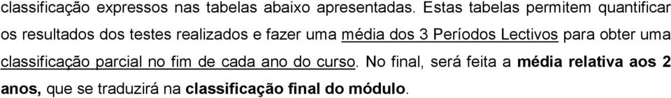 média dos 3 Períodos Lectivos para obter uma classificação parcial no fim de cada