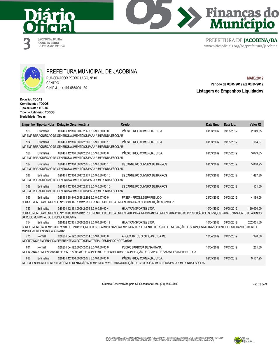 01/03/2012 09/05/2012 184,87 526 Estimativa 020401 12.306.0020.2.257 3.3.9.0.30.00 0 PÃES E FRIOS COMERCIAL LTDA. 01/03/2012 09/05/2012 3.679,65 527 Estimativa 020401 12.306.0006.2.075 3.3.9.0.30.00 15 LS CARNEIRO OLIVEIRA DE BARROS 01/03/2012 09/05/2012 5.