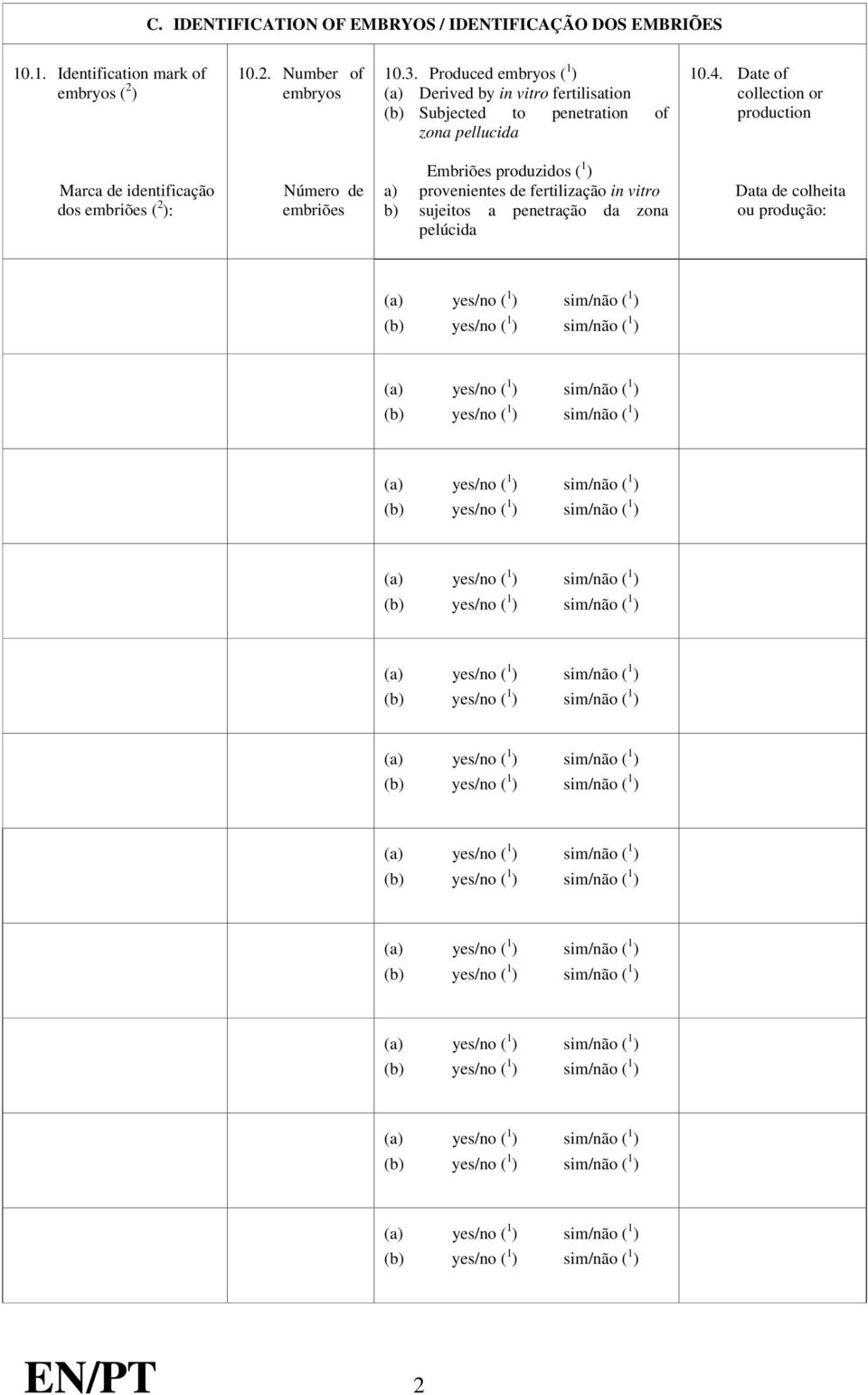 Date of collection or production Marca de identificação dos embriões ( 2 ): Número de embriões Embriões produzidos ( 1 )