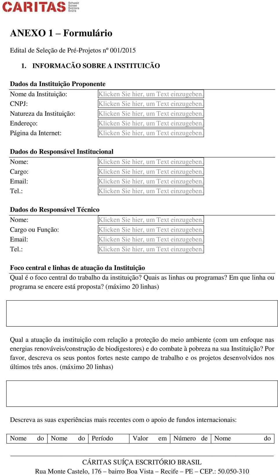 Tel.: Dados do Responsável Técnico Nome: Cargo ou Função: Email: Tel.: Foco central e linhas de atuação da Instituição Qual é o foco central do trabalho da instituição? Quais as linhas ou programas?