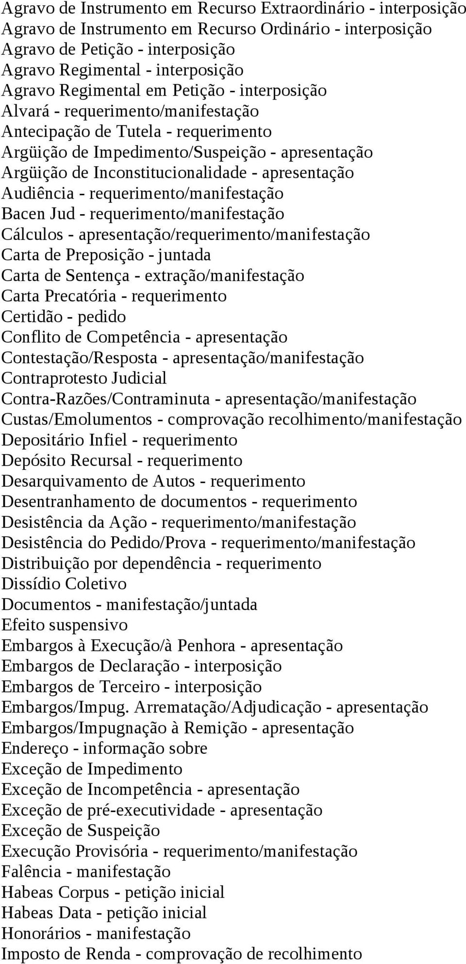 apresentação Audiência - requerimento/manifestação Bacen Jud - requerimento/manifestação Cálculos - apresentação/requerimento/manifestação Carta de Preposição - juntada Carta de Sentença -