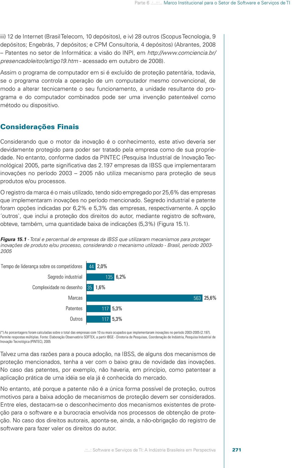 Consultoria, 4 depósitos) (Abrantes, 2008 Patentes no setor de Informática: a visão do INPI, em http://www.comciencia.br/ presencadoleitor/artigo19.htm - acessado em outubro de 2008).