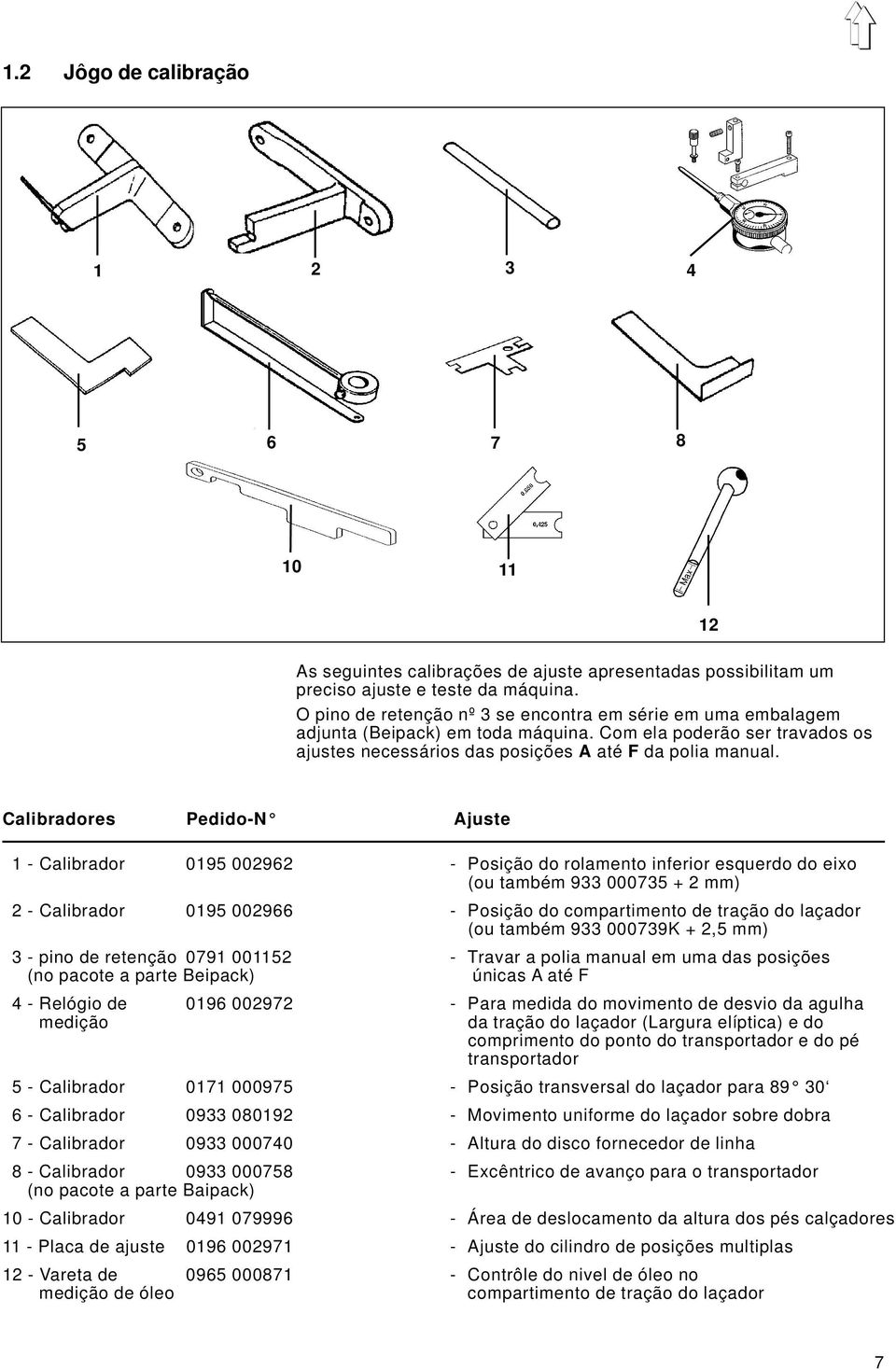 12 Calibradores Pedido-N Ajuste 1 - Calibrador 0195 002962 - Posição do rolamento inferior esquerdo do eixo (ou também 933 000735 + 2 mm) 2 - Calibrador 0195 002966 - Posição do compartimento de