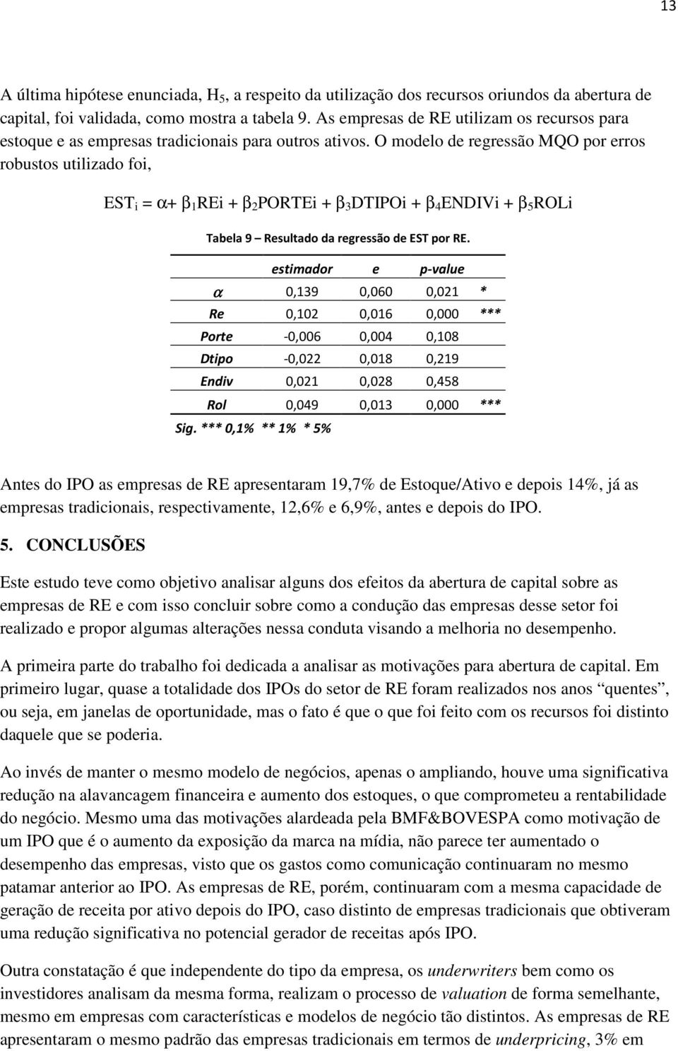 O modelo de regressão MQO por erros robustos utilizado foi, EST i = α+ β 1 REi + β 2 PORTEi + β 3 DTIPOi + β 4 ENDIVi + β 5 ROLi Tabela 9 Resultado da regressão de EST por RE.