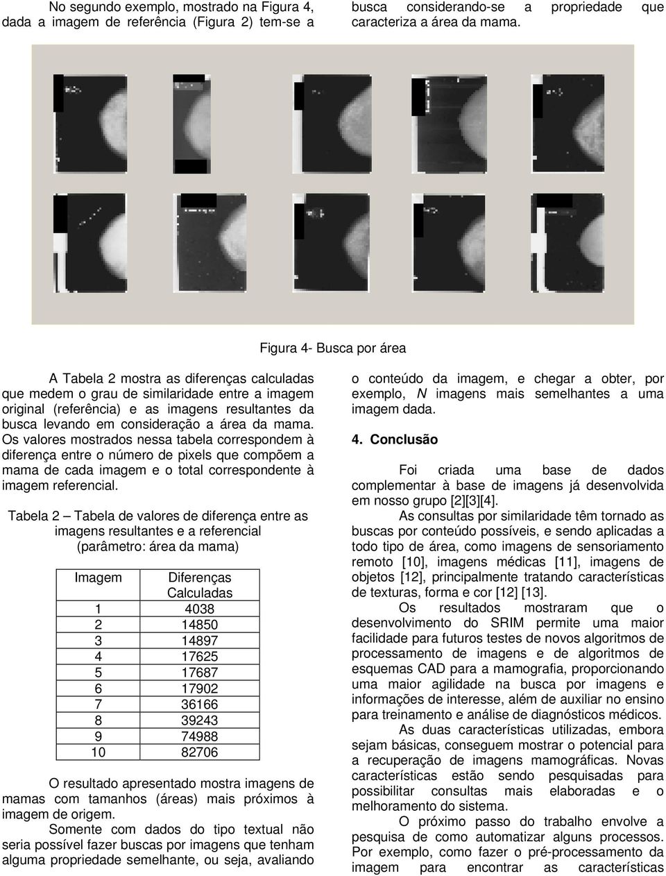 área da mama. Os valores mostrados nessa tabela correspondem à diferença entre o número de pixels que compõem a mama de cada imagem e o total correspondente à imagem referencial.