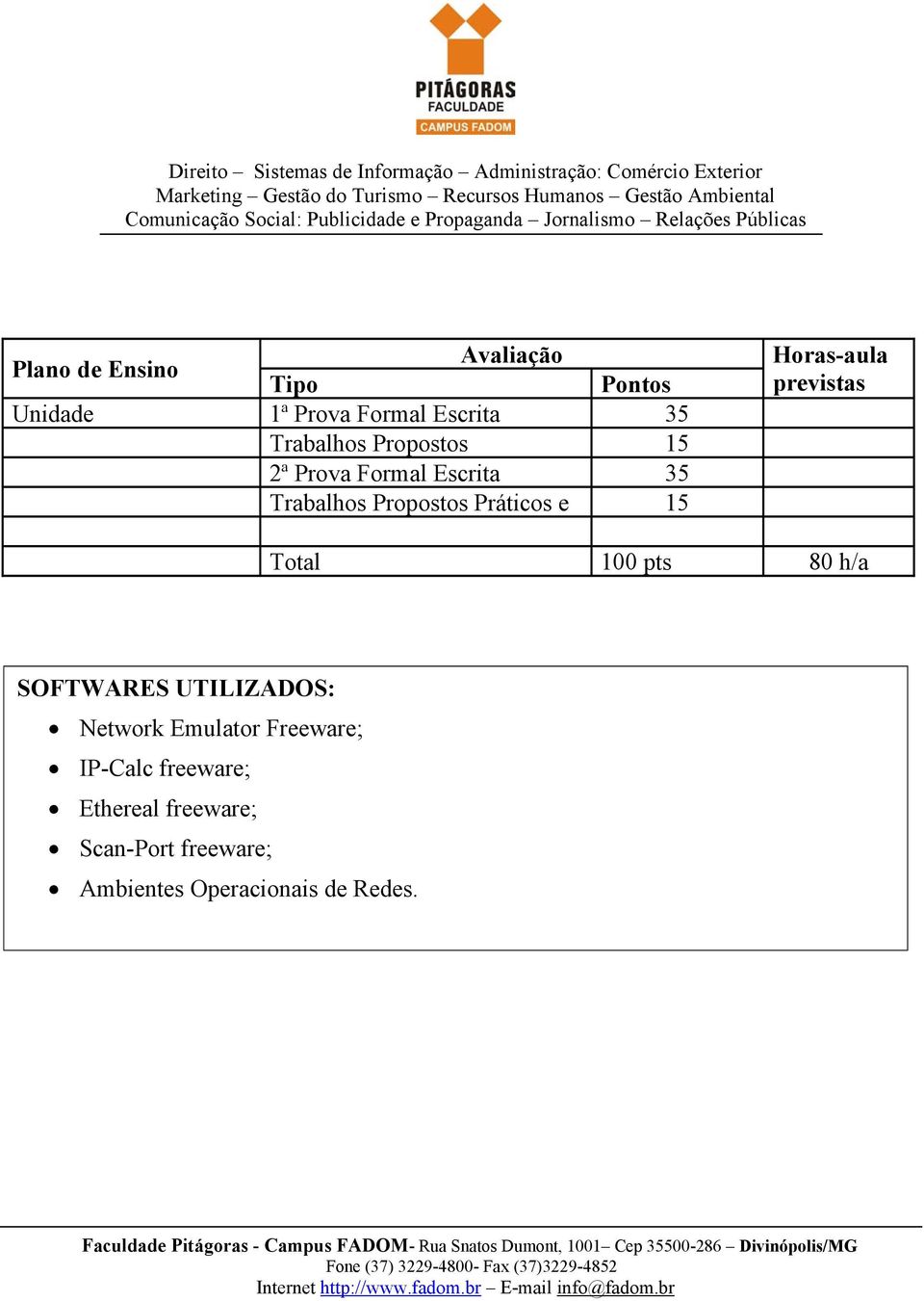 previstas Total 100 pts 80 h/a SOFTWARES UTILIZADOS: Network Emulator Freeware;