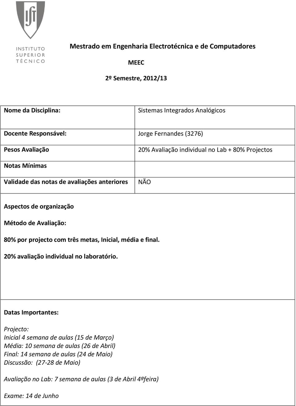 Inicial, média e final. 20% avaliação individual no laboratório.