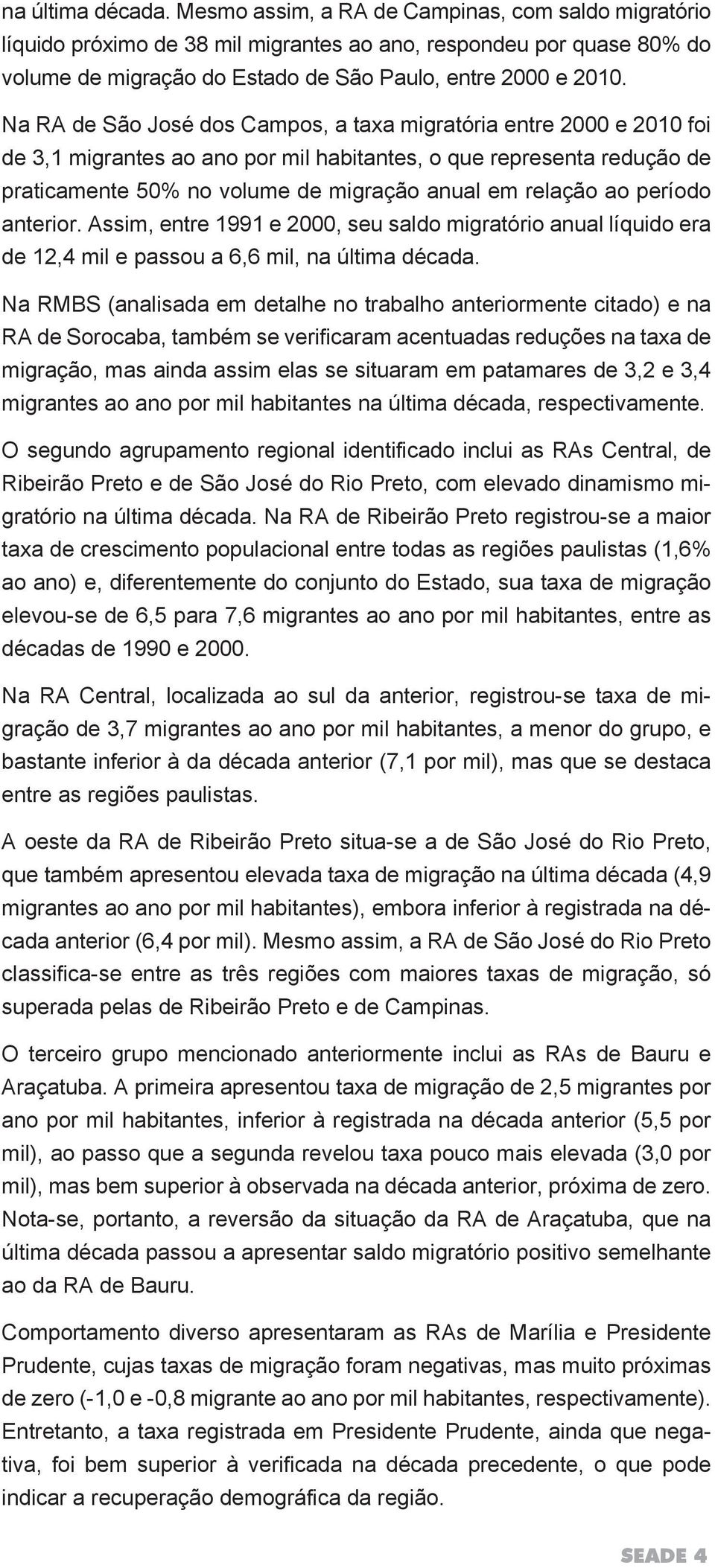 Na RA de São José dos Campos, a taxa migratória entre 2000 e 2010 foi de 3,1 migrantes ao ano por mil habitantes, o que representa redução de praticamente 50% no volume de migração anual em relação