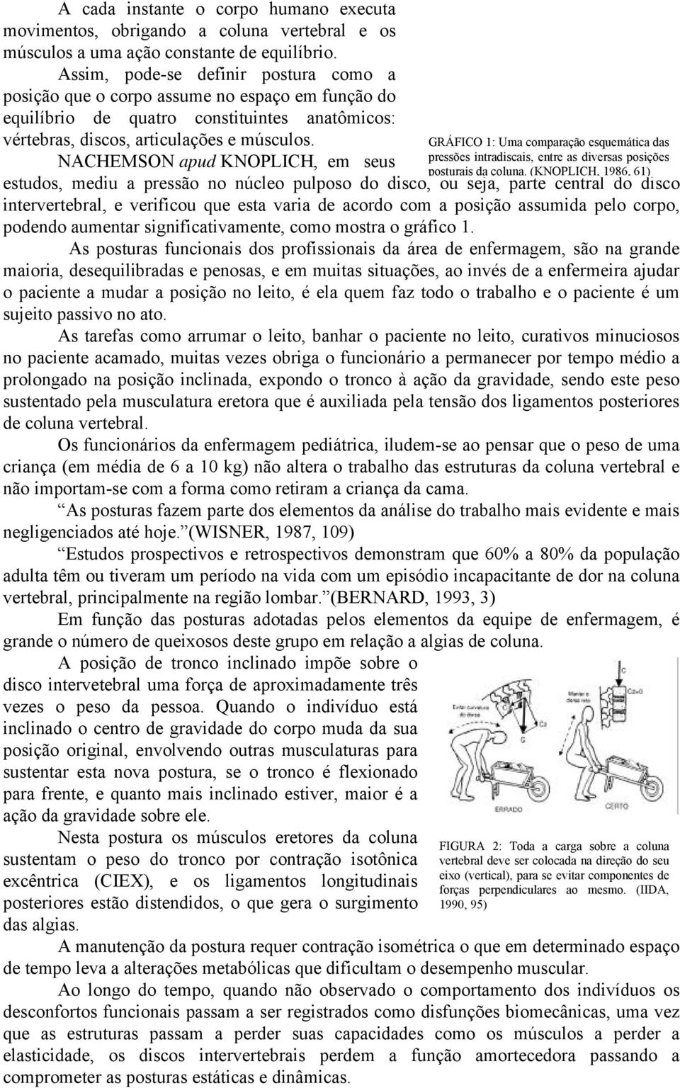 NACHEMSON apud KNOPLICH, em seus estudos, mediu a pressão no núcleo pulposo do disco, ou seja, parte central do disco intervertebral, e verificou que esta varia de acordo com a posição assumida pelo