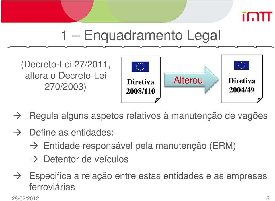 vagões Define as entidades: Entidade responsável pela manutenção (ERM) Detentor de