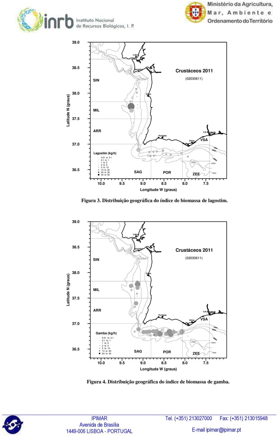 Distribuição geográfica do índice de biomassa de lagostim. 39.0 Lisboa 38.5 Sesimbra Crustáceos 2011 SIN (02030611) 38.0 Sines MIL 37.5 ARR V.R.S.António 37.
