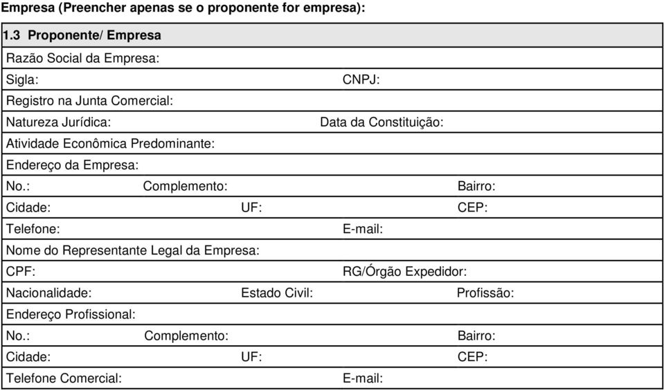 Jurídica: Data da Constituição: Atividade Econômica Predominante: Endereço da Empresa: Telefone: