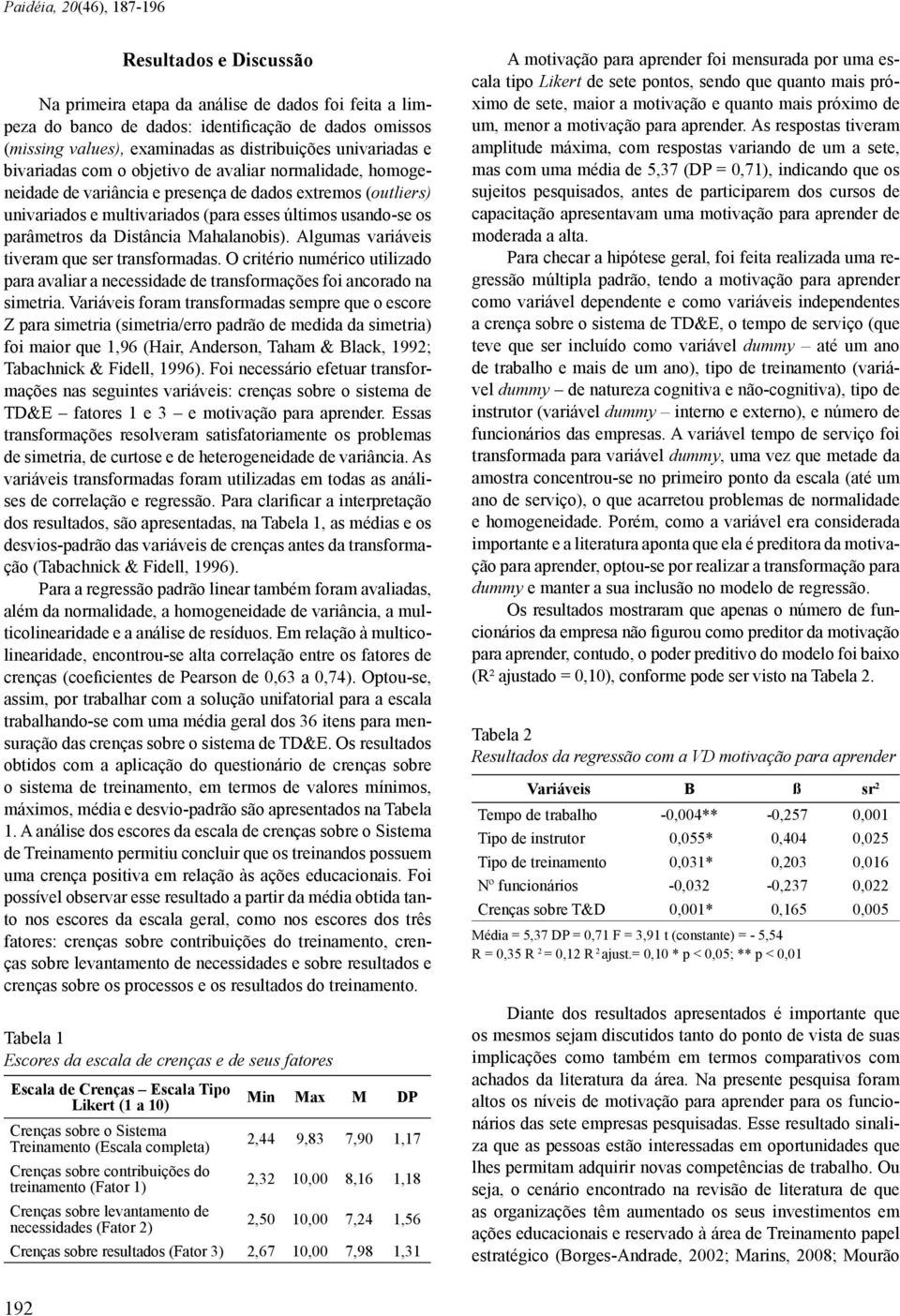 usando-se os parâmetros da Distância Mahalanobis). Algumas variáveis tiveram que ser transformadas. O critério numérico utilizado para avaliar a necessidade de transformações foi ancorado na simetria.