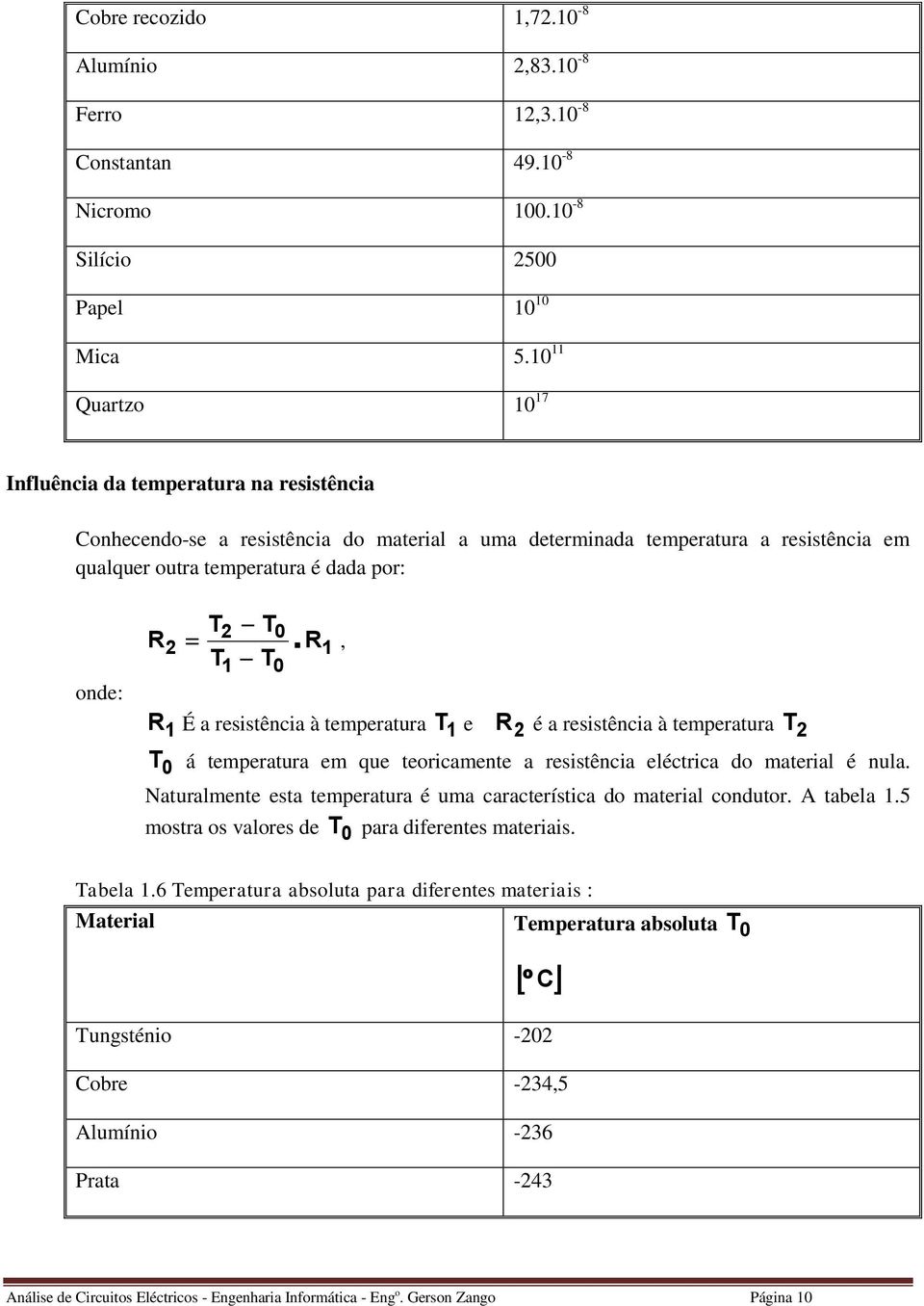 T T É resisênci à emperur T, T e é resisênci à emperur á emperur em que eoricmene resisênci elécric do meril é nul.