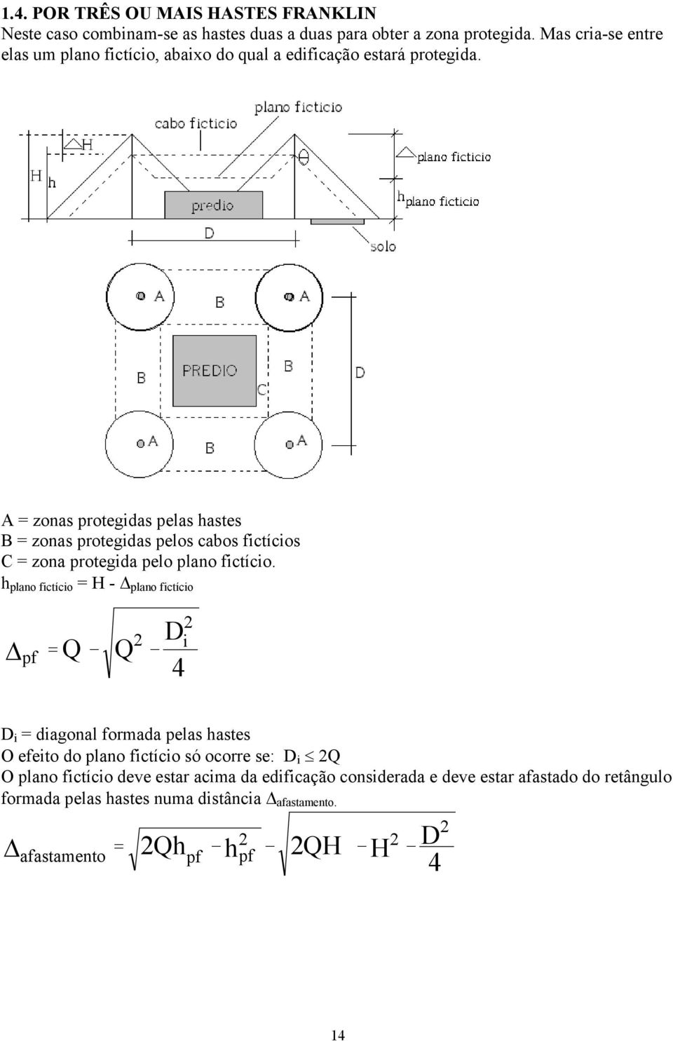 A = zonas protegidas pelas hastes B = zonas protegidas pelos cabos fictícios C = zona protegida pelo plano fictício.