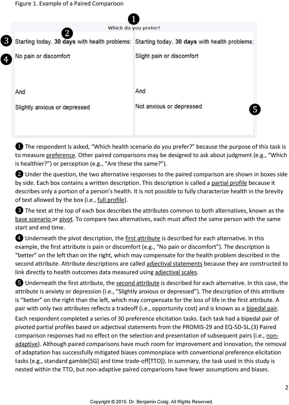 or perception (e.g., Are these the same? ). ❷ Under the question, the two alternative responses to the paired comparison are shown in boxes side by side. Each box contains a written description.