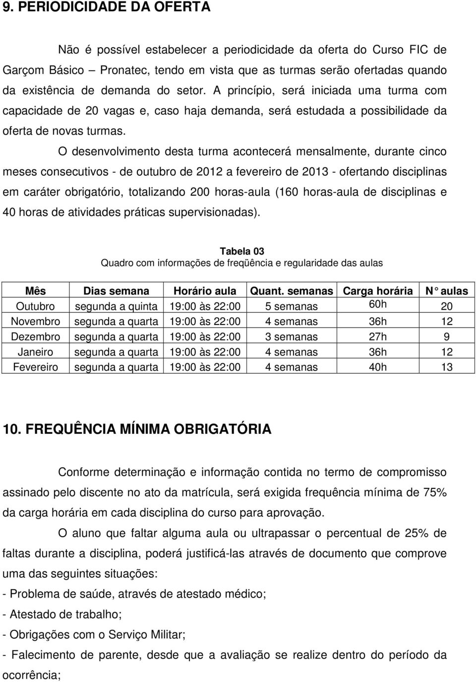 O desenvolvimento desta turma acontecerá mensalmente, durante cinco meses consecutivos - de outubro de 2012 a fevereiro de 2013 - ofertando disciplinas em caráter obrigatório, totalizando 200