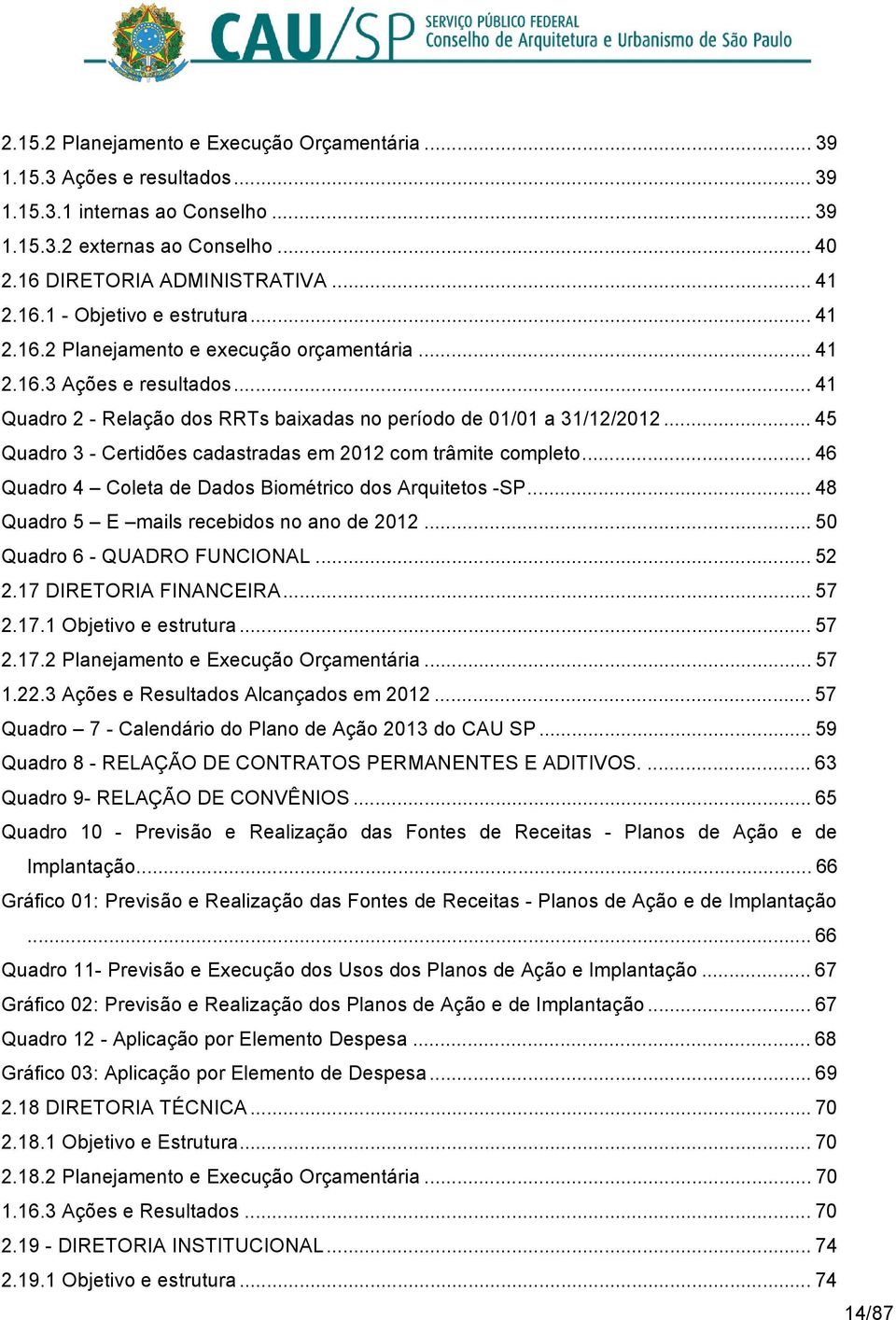 .. 45 Quadro 3 - Certidões cadastradas em 2012 com trâmite completo... 46 Quadro 4 Coleta de Dados Biométrico dos Arquitetos -SP... 48 Quadro 5 E mails recebidos no ano de 2012.