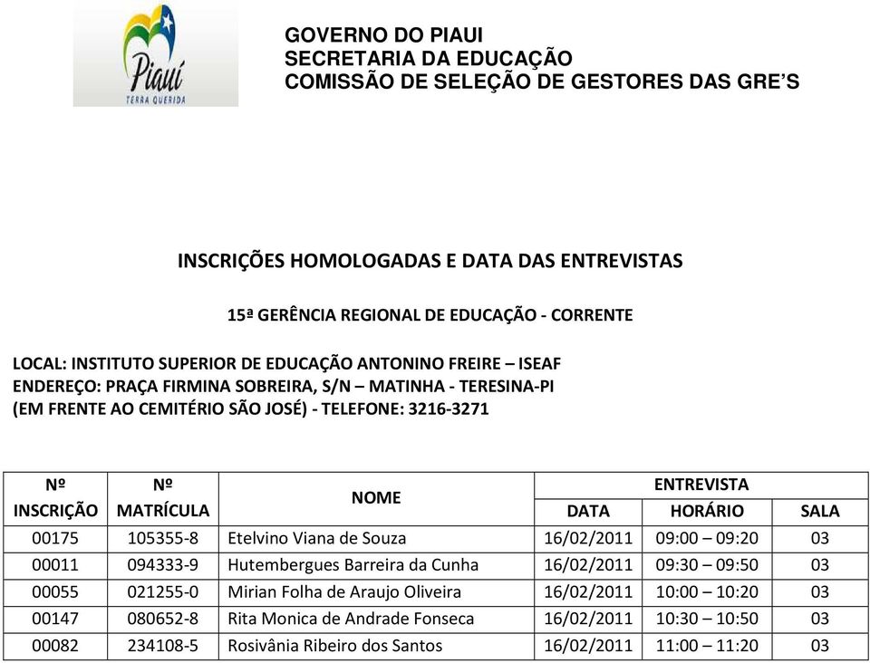 09:50 03 00055 021255-0 Mirian Folha de Araujo Oliveira 16/02/2011 10:00 10:20 03 00147 080652-8 Rita