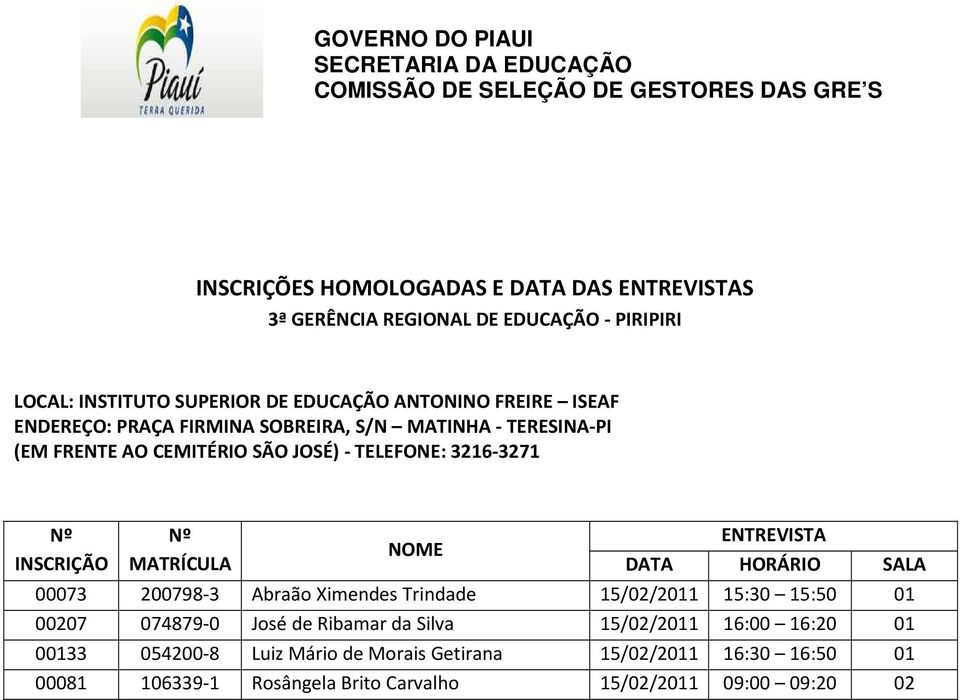 Ribamar da Silva 15/02/2011 16:00 16:20 01 00133 054200-8 Luiz Mário de Morais