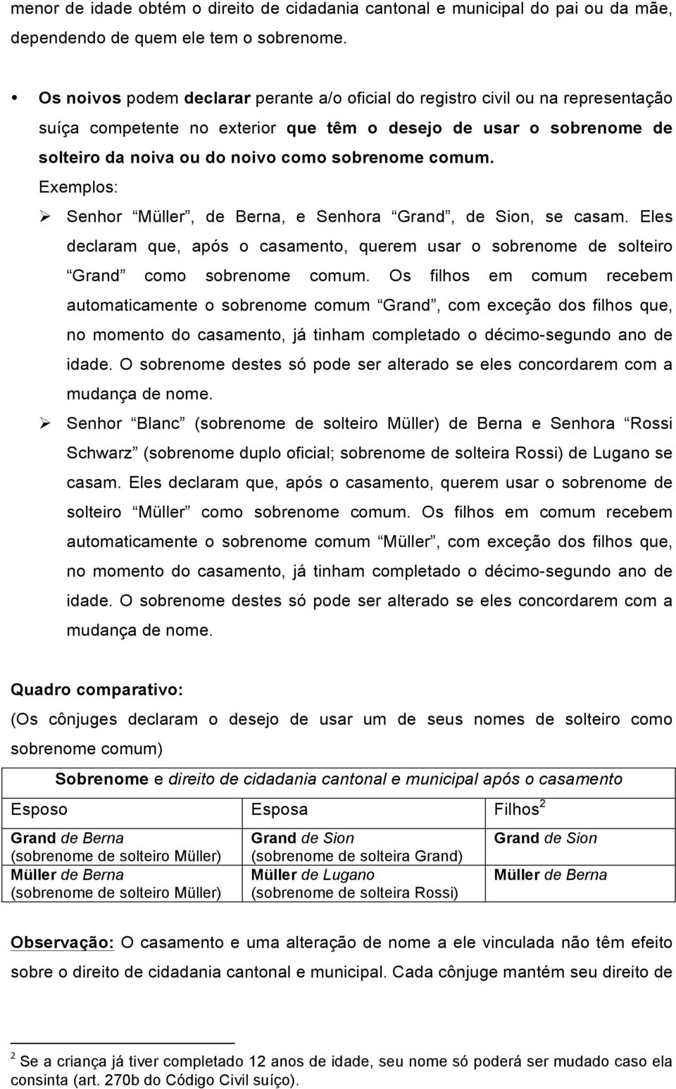 comum. Exemplos: Ø Senhor Müller, de Berna, e Senhora Grand, de Sion, se casam. Eles declaram que, após o casamento, querem usar o sobrenome de solteiro Grand como sobrenome comum.