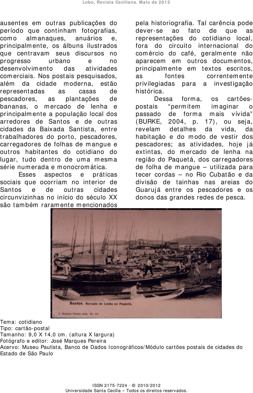 Nos postais pesquisados, além da cidade moderna, estão representadas as casas de pescadores, as plantações de bananas, o mercado de lenha e principalmente a população local dos arredores de Santos e