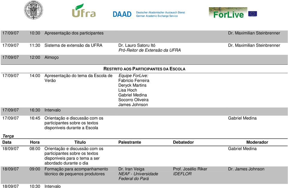 PARTICIPANTES DA ESCOLA Equipe ForLive: Fabricio Ferreira Deryck Martins Lisa Hoch Socorro Oliveira James Johnson Terça Data Hora Título Palestrante Debatedor Moderador 18/09/07 08:00 Orientação