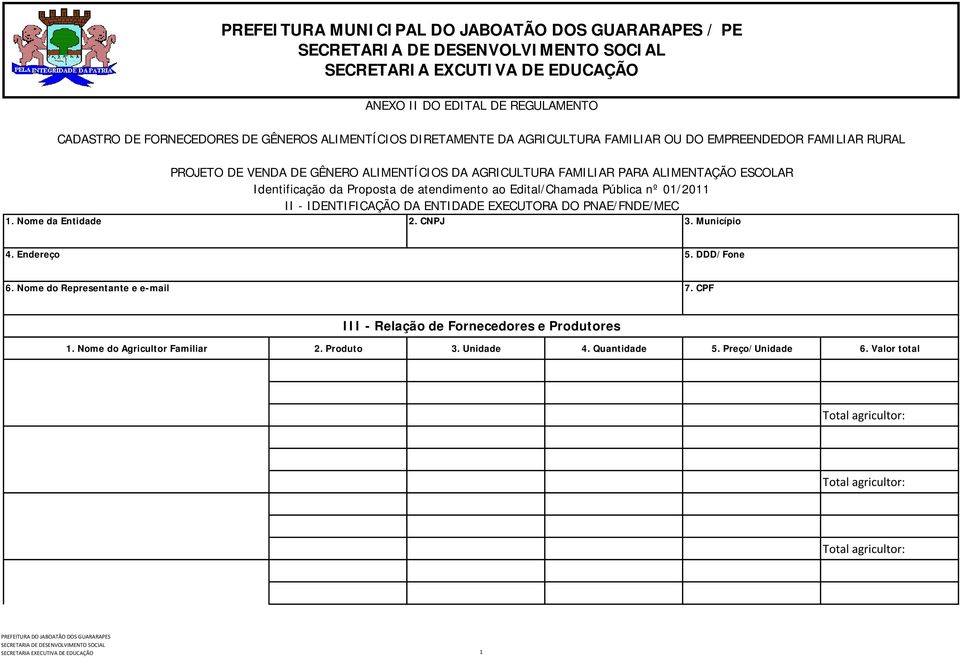 IDENTIFICAÇÃO DA ENTIDADE EXECUTORA DO PNAE/FNDE/MEC 1. Nome da Entidade 2. CNPJ 3. Município 4. Endereço 5. DDD/Fone 6. Nome do Representante e e-mail 7.