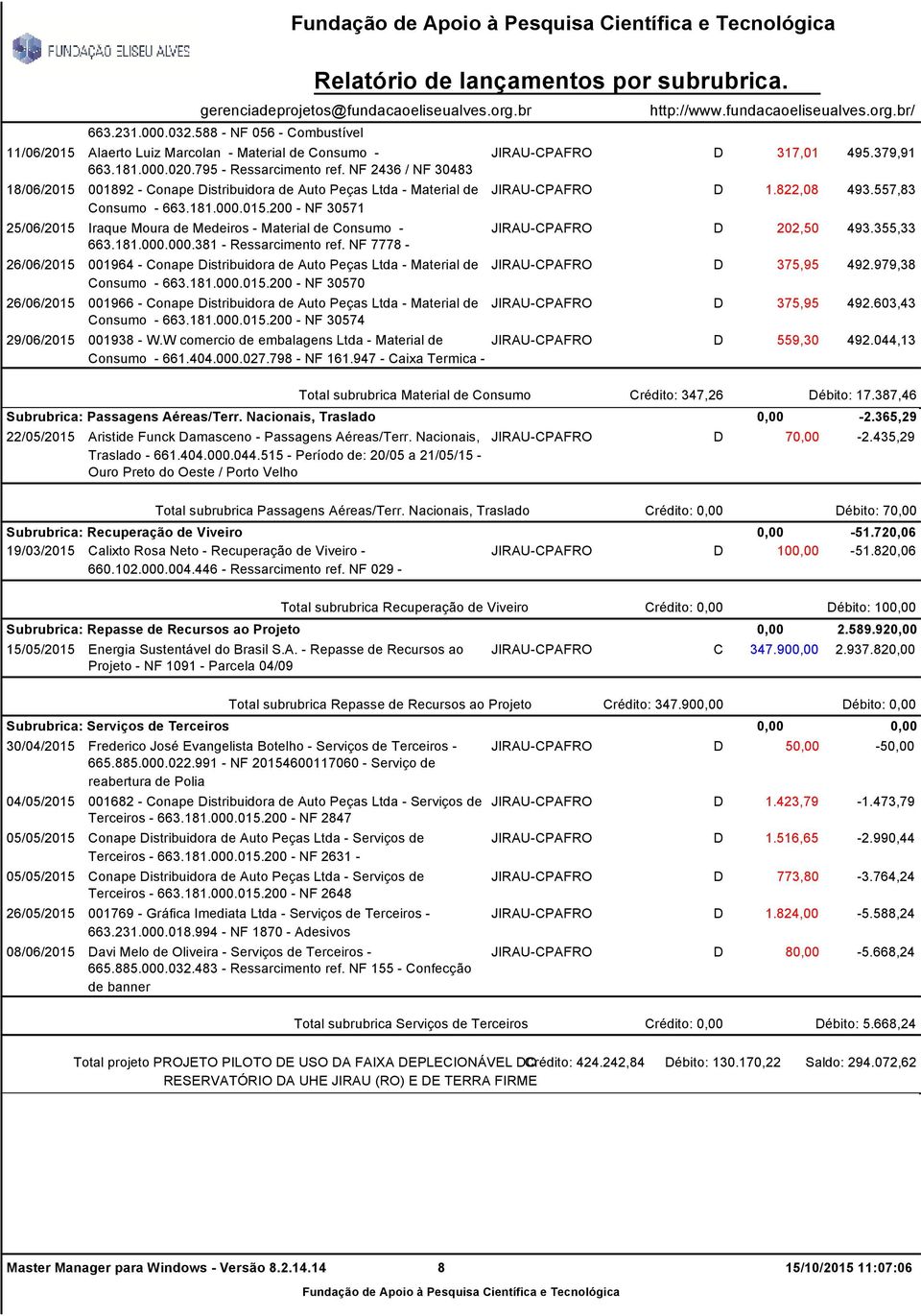 181.000.000.381 - Ressarcimento ref. NF 7778-26/06/2015 001964 - Conape Distribuidora de Auto Peças Ltda - Material de Consumo - 663.181.000.015.200 - NF 30570 26/06/2015 001966 - Conape Distribuidora de Auto Peças Ltda - Material de Consumo - 663.