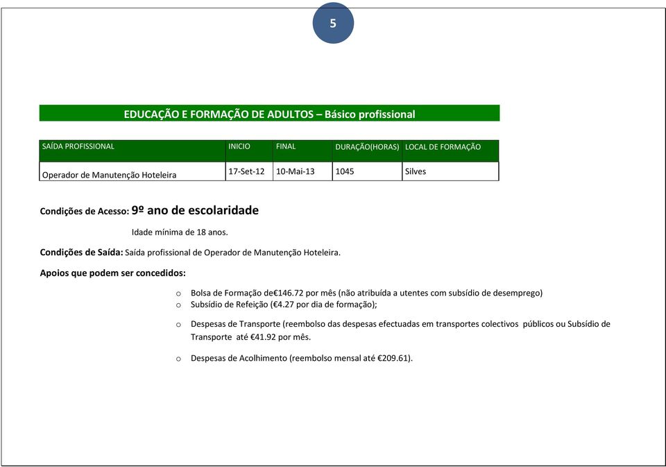 Apis que pdem ser cncedids: Blsa de Frmaçã de 146.72 pr mês (nã atribuída a utentes cm subsídi de desempreg) Subsídi de Refeiçã ( 4.