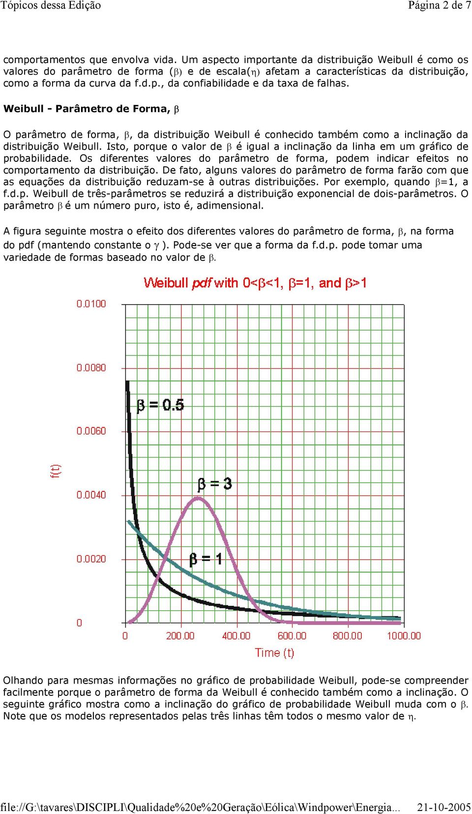 Weibull - Parâmetro de Forma, β O parâmetro de forma, β, da distribuição Weibull é conhecido também como a inclinação da distribuição Weibull.