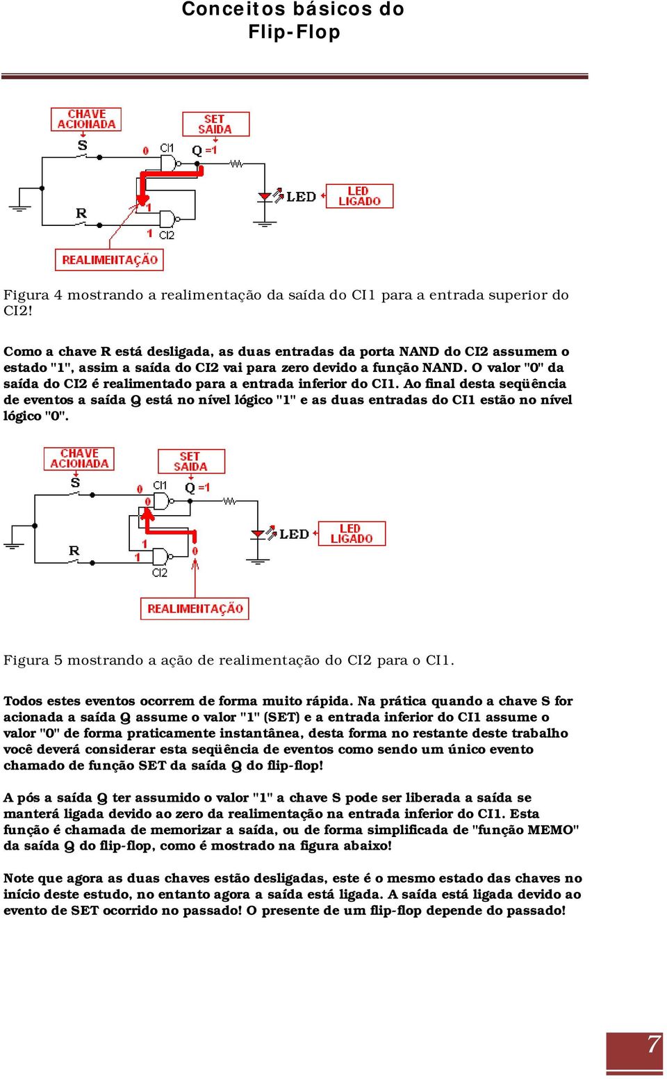 O valor "0" da saída do CI2 é realimentado para a entrada inferior do CI1. Ao final desta seqüência de eventos a saída Q está no nível lógico "1" e as duas entradas do CI1 estão no nível lógico "0".