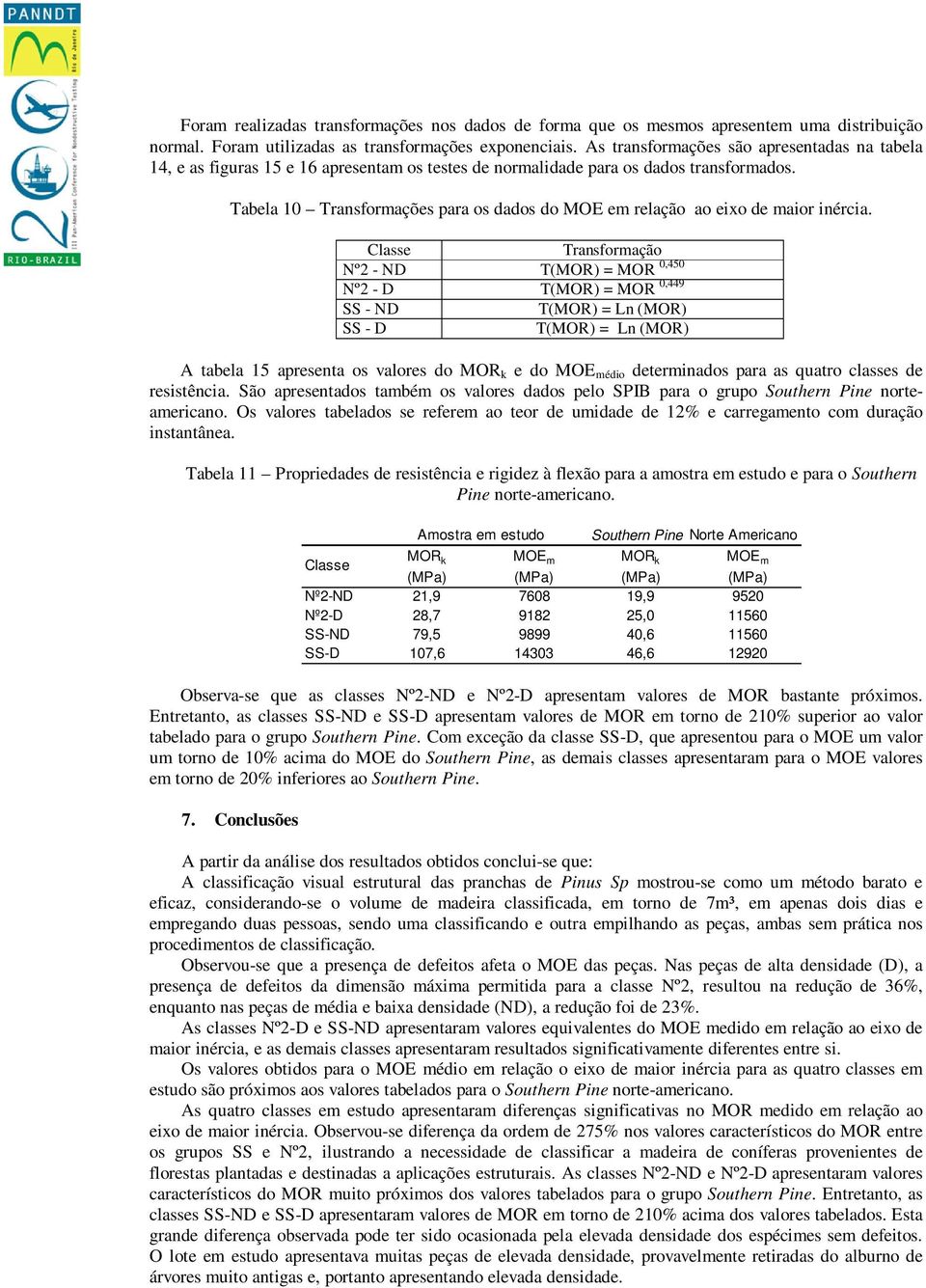 Tabela 10 Transformações para os dados do MOE em relação ao eixo de maior inércia.