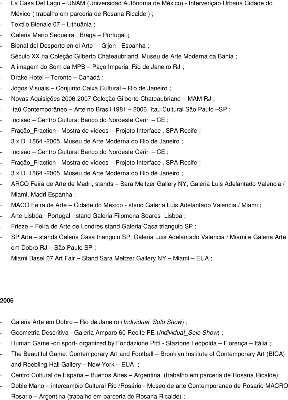Janeiro RJ ; - Drake Hotel Toronto Canadá ; - Jogos Visuais Conjunto Caixa Cultural Rio de Janeiro ; - Novas Aquisições 2006-2007 Coleção Gilberto Chateaubriand MAM RJ ; - Itaú Contemporâneo Arte no