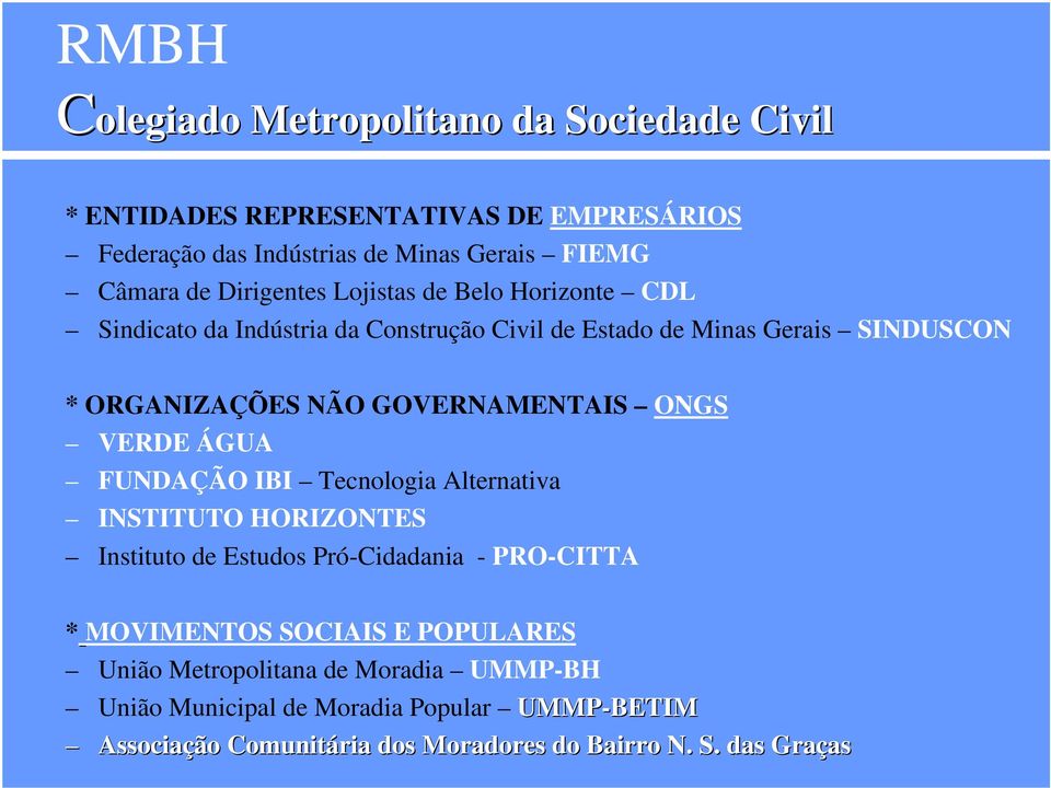 GOVERNAMENTAIS ONGS VERDE ÁGUA FUNDAÇÃO IBI Tecnologia Alternativa INSTITUTO HORIZONTES Instituto de Estudos Pró-Cidadania - PRO-CITTA * MOVIMENTOS