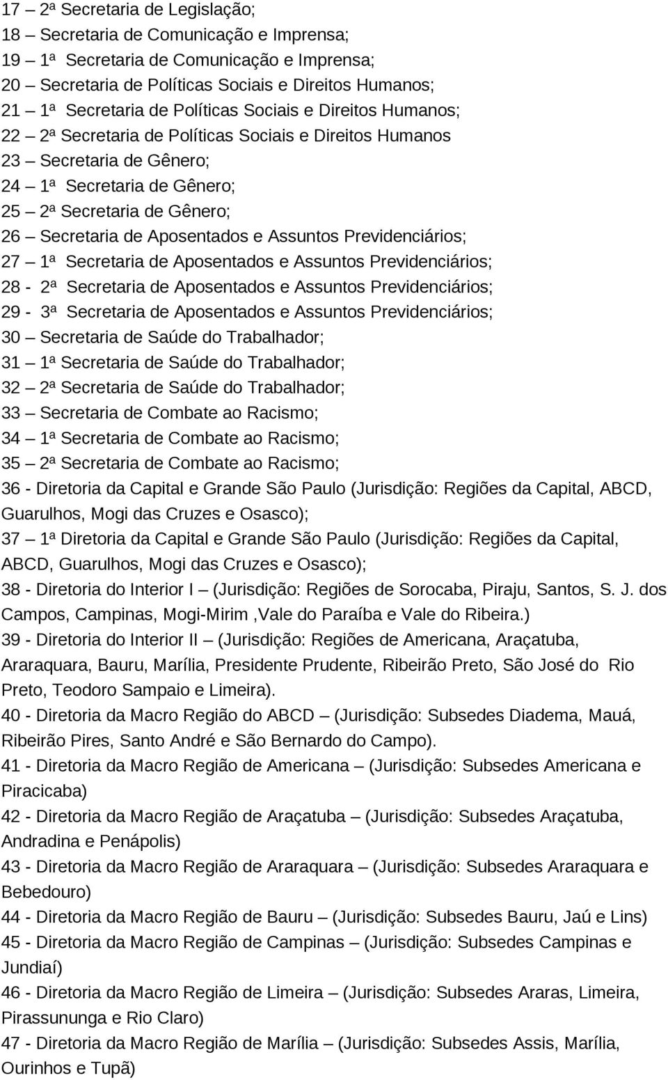 Aposentados e Assuntos Previdenciários; 27 1ª Secretaria de Aposentados e Assuntos Previdenciários; 28-2ª Secretaria de Aposentados e Assuntos Previdenciários; 29-3ª Secretaria de Aposentados e