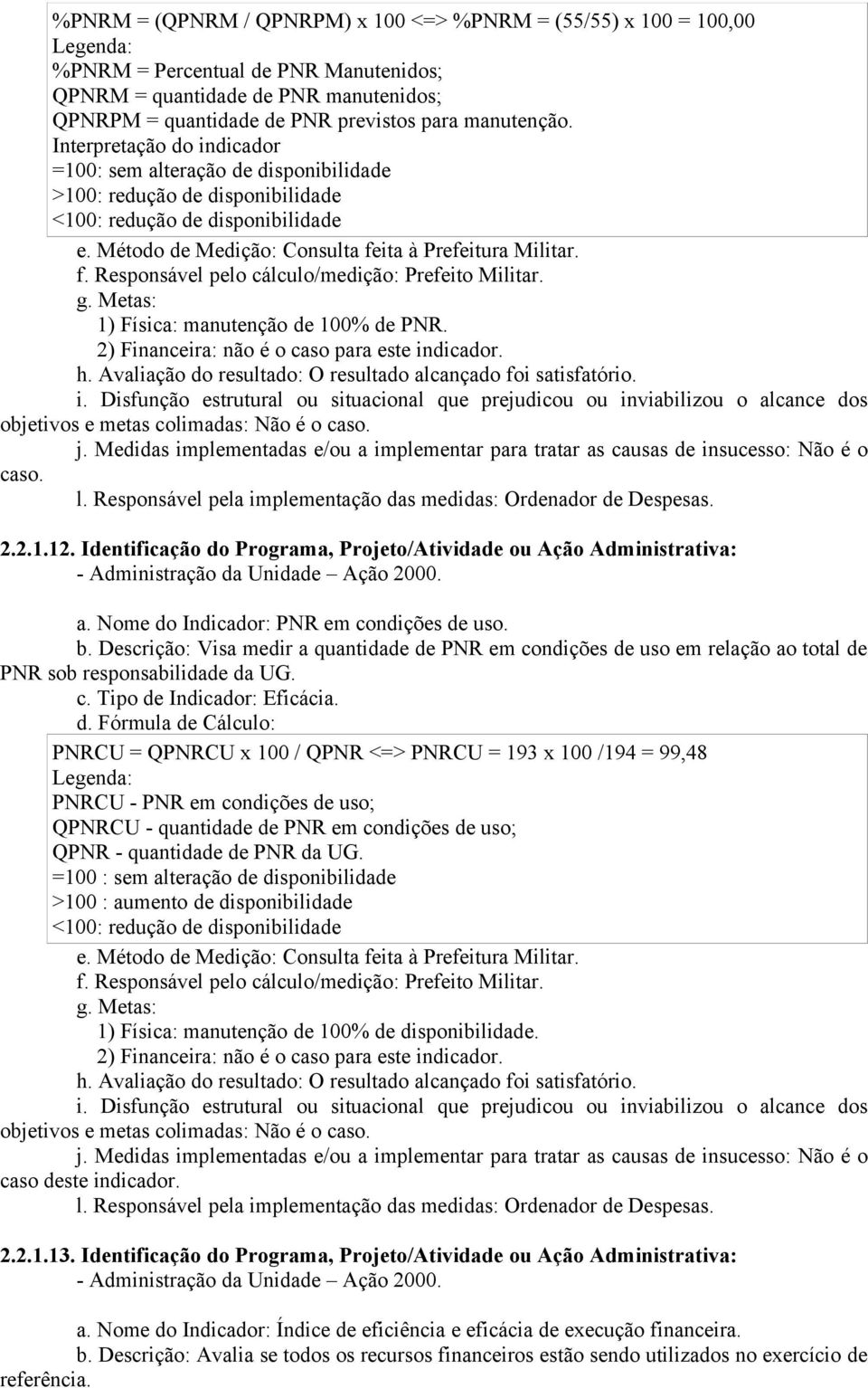 ita à Prefeitura Militar. f. Responsável pelo cálculo/medição: Prefeito Militar. 1) Física: manutenção de 100% de PNR. 2) Financeira: não é o caso para este indicador. h.