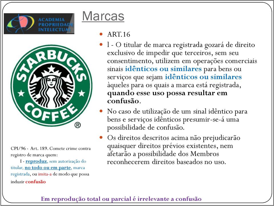 16 l - O titular de marca registrada gozará de direito exclusivo de impedir que terceiros, sem seu consentimento, utilizem em operações comerciais sinais idênticos ou similares para bens ou serviços