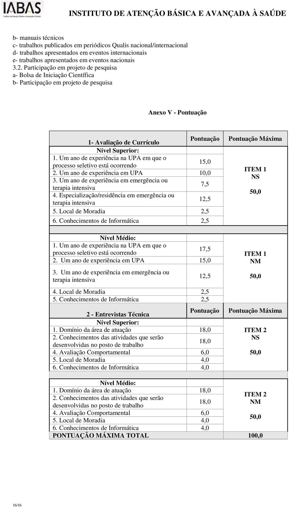 Um ano de experiência na UPA em que o processo seletivo está ocorrendo 15,0 2. Um ano de experiência em UPA 10,0 3. Um ano de experiência em emergência ou terapia intensiva 7,5 4.