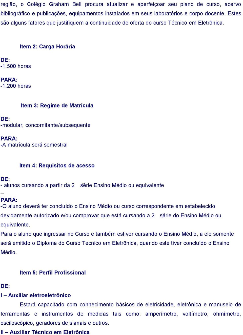 200 horas Item 2: Carga Horária Item 3: Regime de Matrícula -modular, concomitante/subsequente -A matrícula será semestral Item 4: Requisitos de acesso - alunos cursando a partir da 2 コsérie Ensino