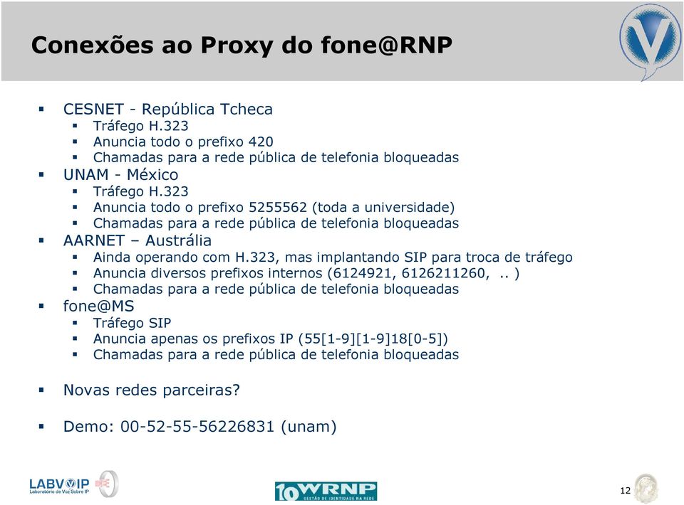 323 Anuncia todo o prefixo 5255562 (toda a universidade) Chamadas para a rede pública de telefonia bloqueadas AARNET Austrália Ainda operando com H.