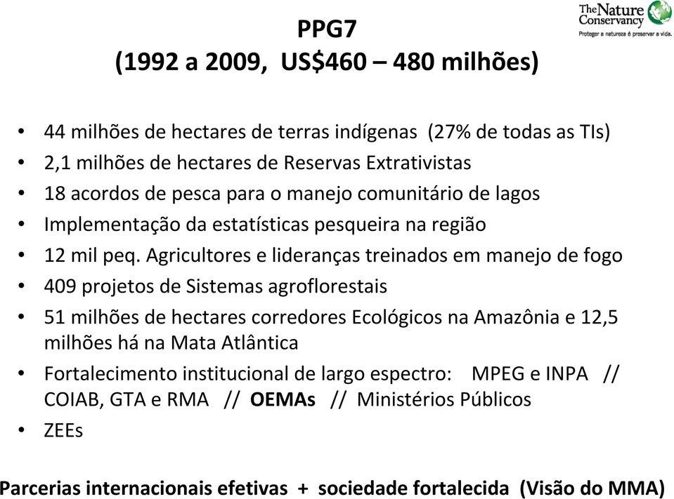 Agricultores e lideranças treinados em manejo de fogo 409 projetos de Sistemas agroflorestais 51 milhões de hectares corredores Ecológicos na Amazônia e 12,5