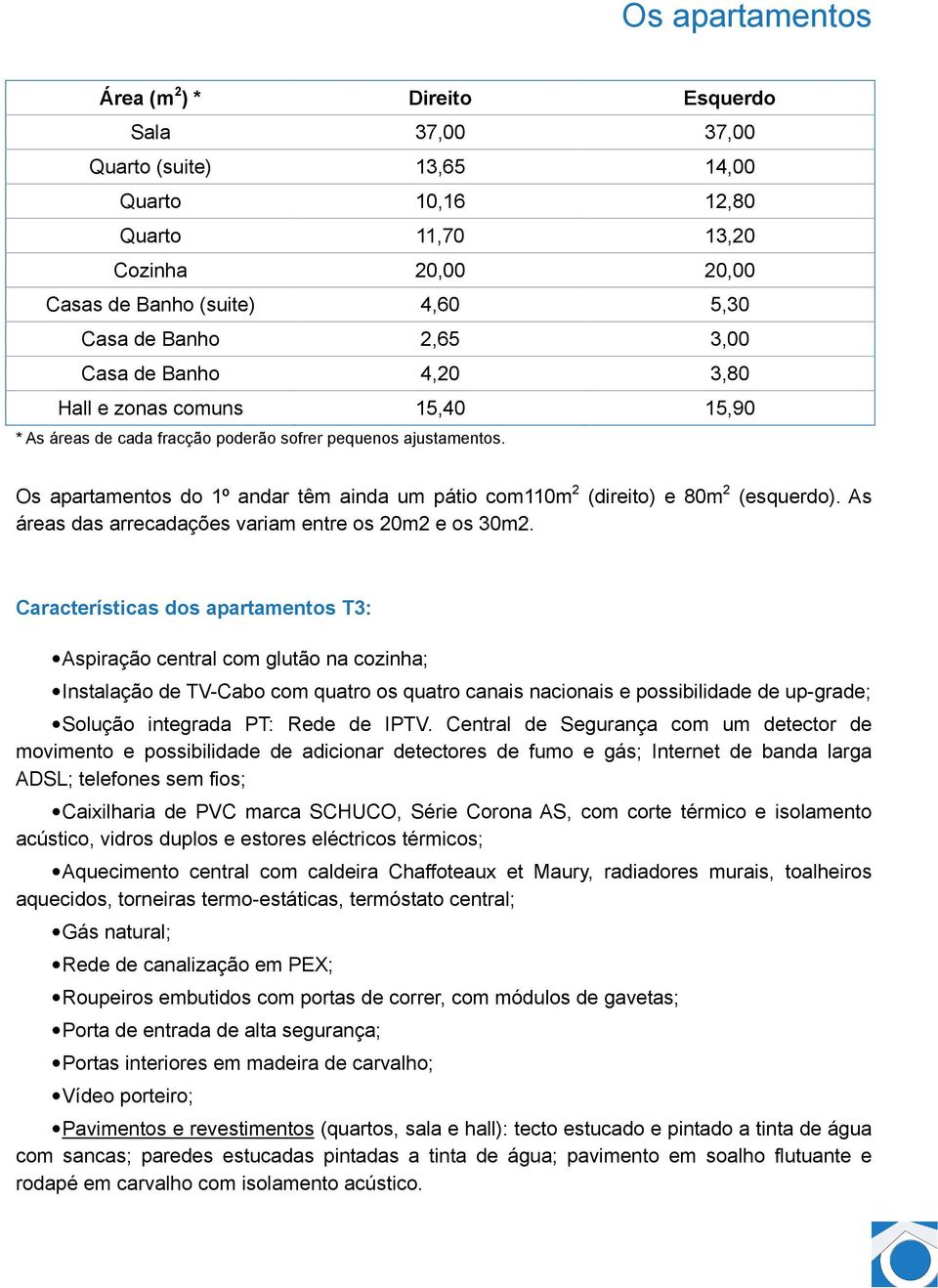 Os apartamentos do 1º andar têm ainda um pátio com110m 2 (direito) e 80m 2 (esquerdo). As áreas das arrecadações variam entre os 20m2 e os 30m2.