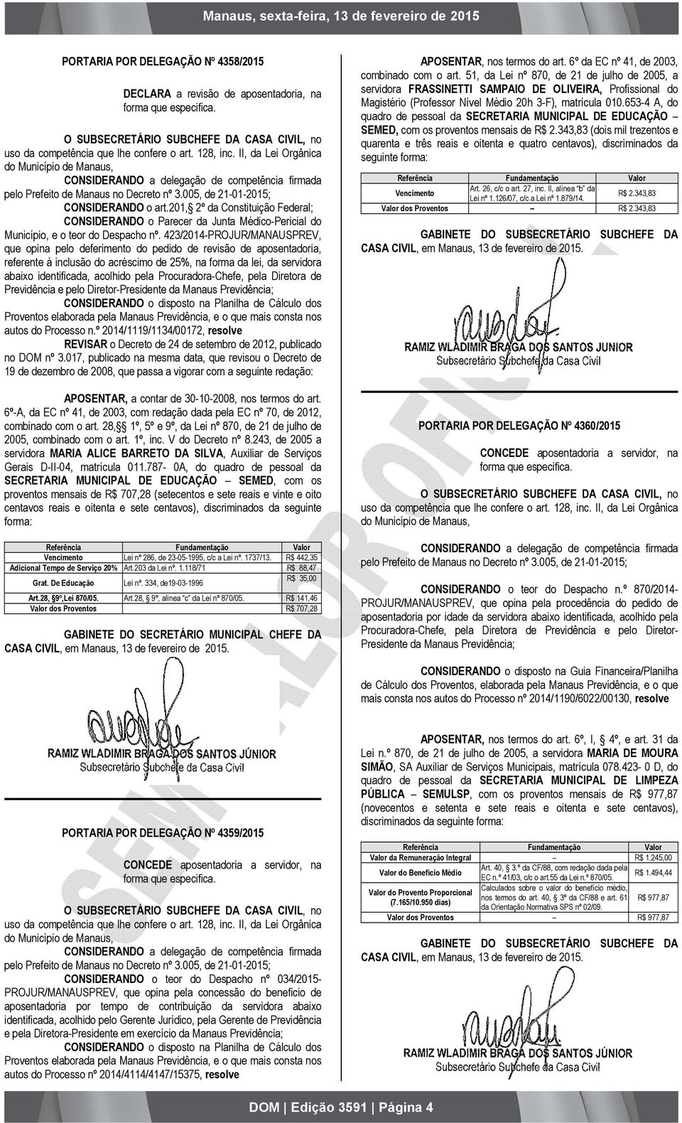 201, 2º da Constituição Federal; CONSIDERANDO o Parecer da Junta Médico-Pericial do Município, e o teor do Despacho nº.