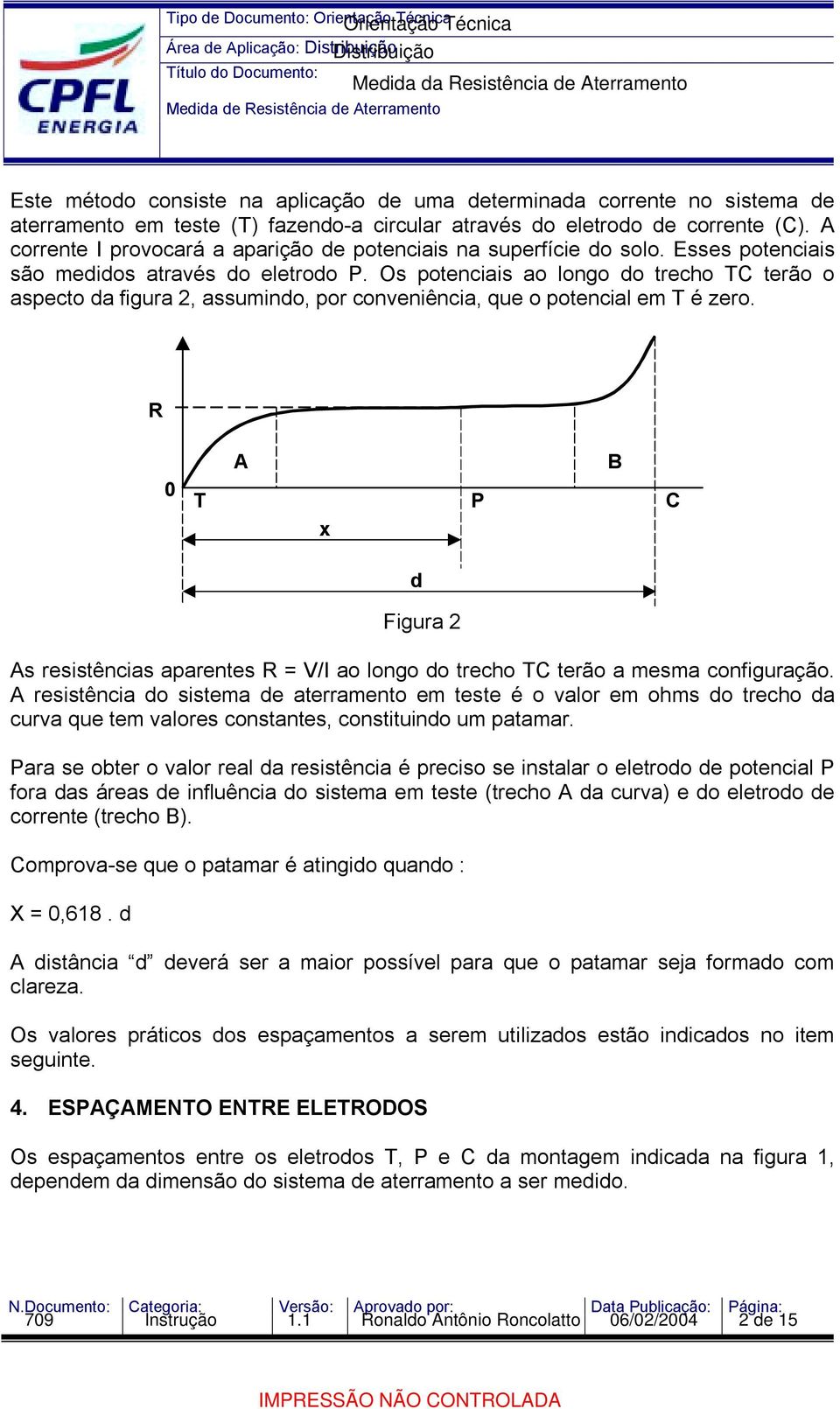 Os potenciais ao longo do trecho TC terão o aspecto da figura 2, assumindo, por conveniência, que o potencial em T é zero.