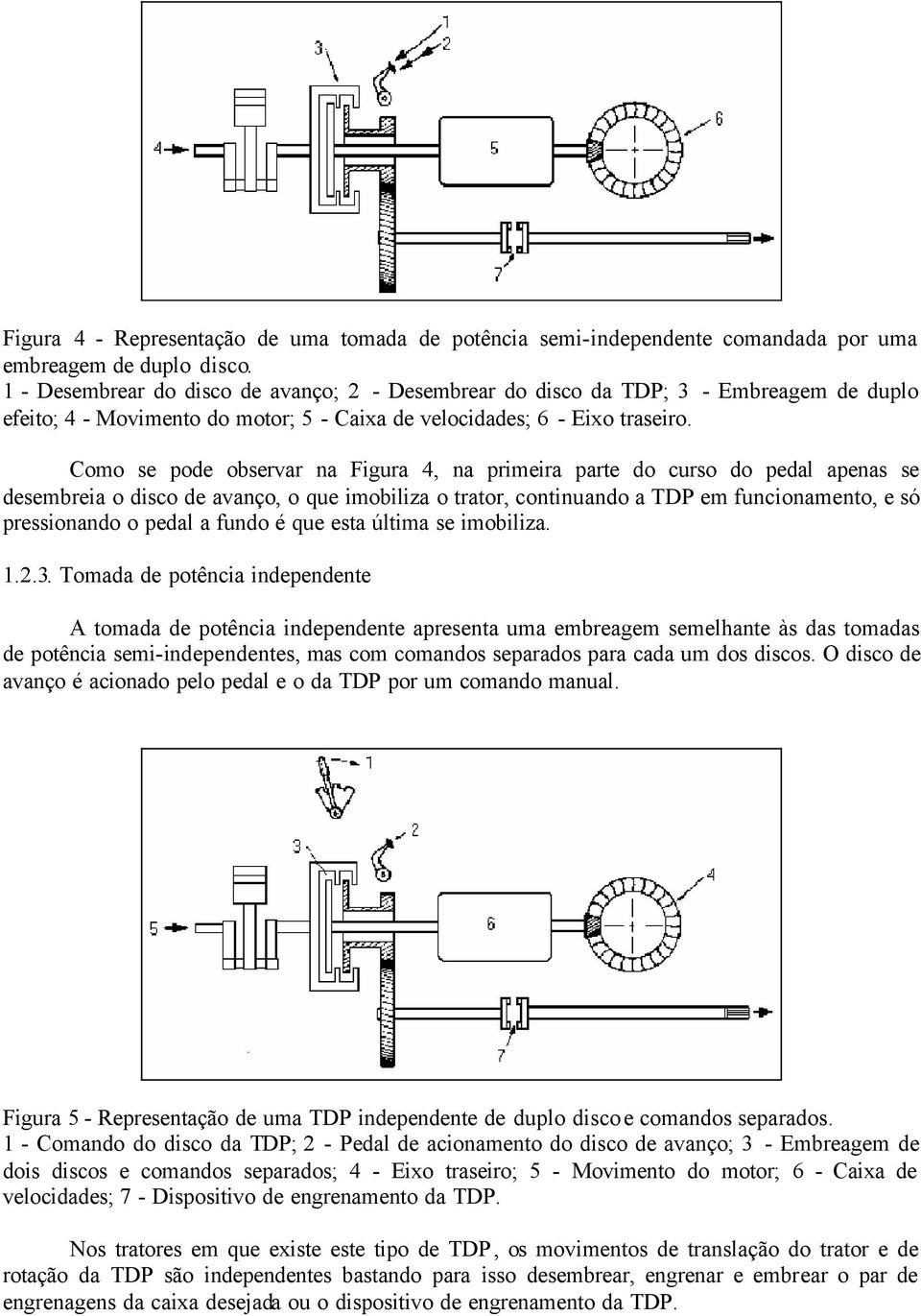 Como se pode observar na Figura 4, na primeira parte do curso do pedal apenas se desembreia o disco de avanço, o que imobiliza o trator, continuando a TDP em funcionamento, e só pressionando o pedal